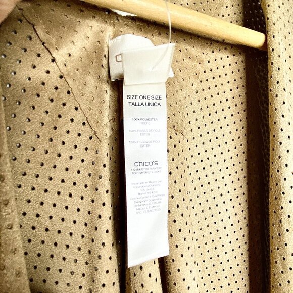 NWT Chicos Peyton Perforated Ruana Cover Arabian Camel One Size Tan Fringe Wrap - Picture 10 of 13